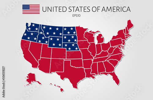 Blue starry and red map of United States of America with borders, isolated on gray background. US blank outline map template. Vector design.