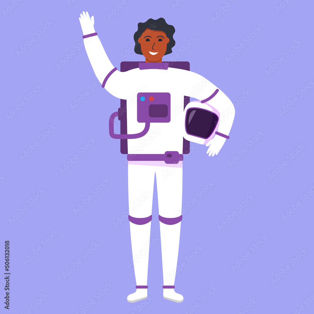 Obraz premium Joyful astronaut space suit.Spaceman with helmet.Male cosmonaut or space.Isolated on white background. Vector flat illustration.
