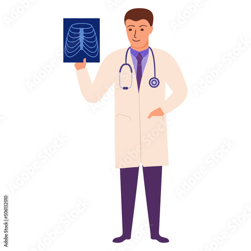 Medical doctor looking at x-ray picture.Radiologist looking at human xray.Man doctor with health scan.Medical worker analyzes results of medical checkup.Vector flat illustration.