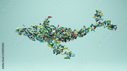 Whale Made Out Of Coloured Plastic Bottles Floating Shape Design Environmental Water Pollution Problem 3d illustration render photo