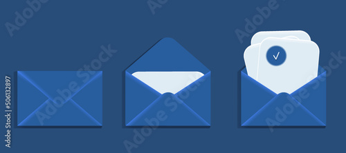 3d blue open mail envelope icon set Render email notification with letters,3d realistic vector