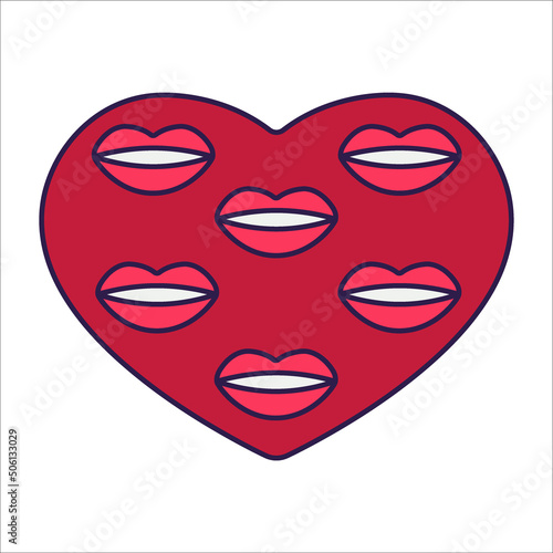 Retro Valentine Day icon heart. Love symbols in the fashionable pop line art style. The figure of a heart in soft pink, red and coral color. Vector illustration isolated on white. © Viktoriia Melkisheva