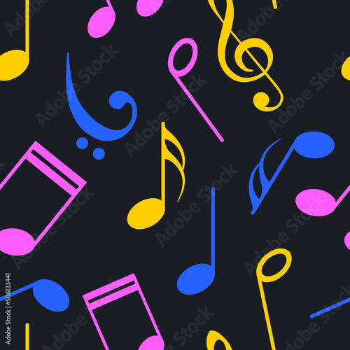 Musical notes, treble and bass clef in different colors on a black background. Seamless cute pattern for textiles, fabrics. Vector.