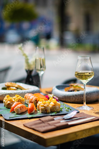 sushi and white wine outdoor