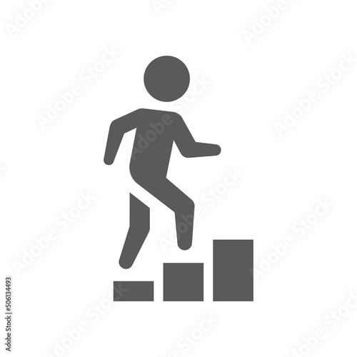 Man climbing stairs black vector icon. Staircase filled symbol.