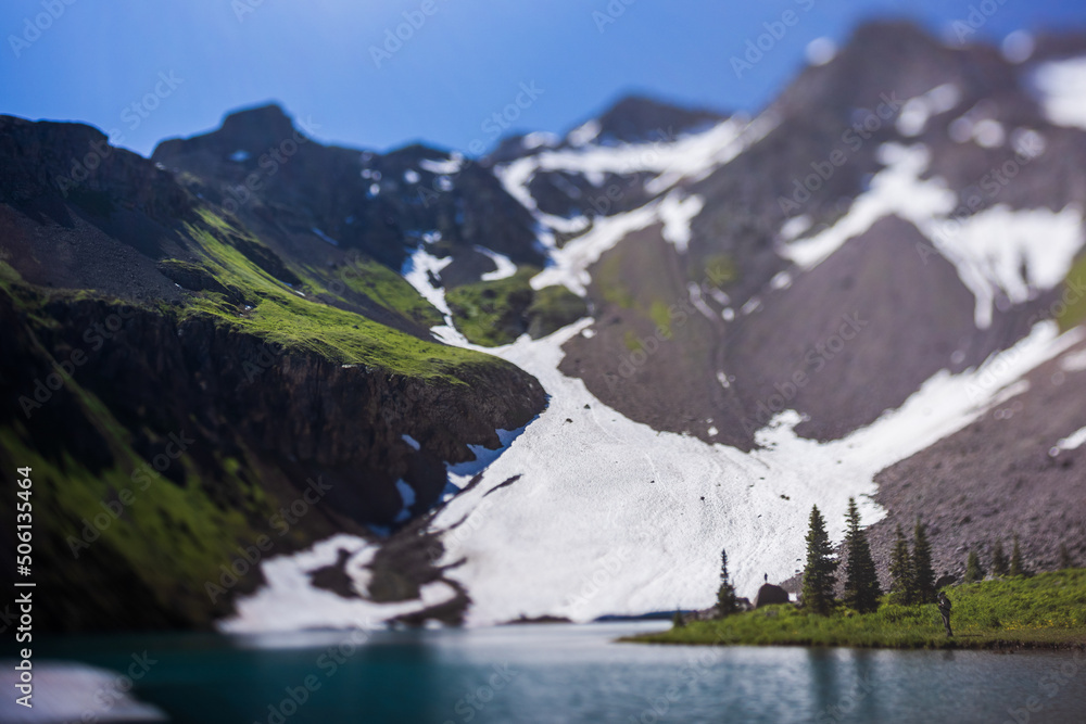 Tilt shift, Mini Mountain with blue lake