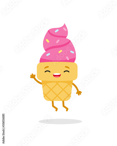 Cartoon pink jump ice cream emoji character. Sweet food. Cute vector illustration © Kristina Chistiakova