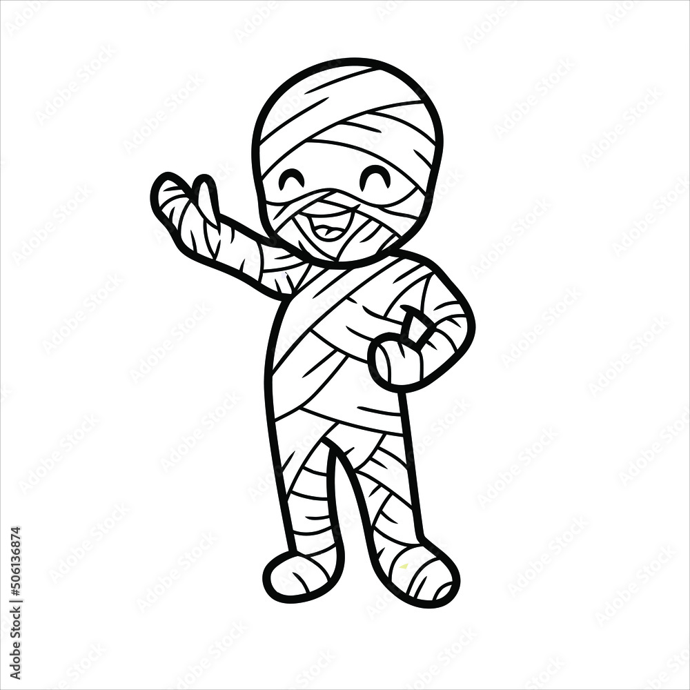 Cute little boy mummy cartoon waving hand vector image, mummy illustration , coloring book page for kids Cute little boy mummy cartoon waving hand vector image, mummy illustration , coloring book page for kids