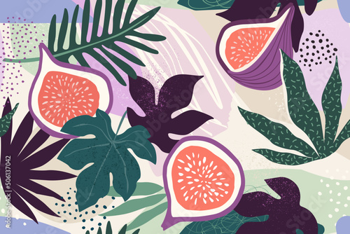 Tropical leaves and figs. Beautiful print with hand drawn exotic plants and dots. Fashion botanical fabric seamless pattern design.