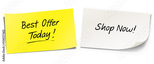 Handwritten message on sticky notes - Best Offer Today! Shop Now!