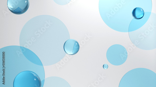 blue glass ball bubble clear circle plate floating on background for cosmetic product, abstract wallpaper scene, aqua transparent, 3d illustration rendering