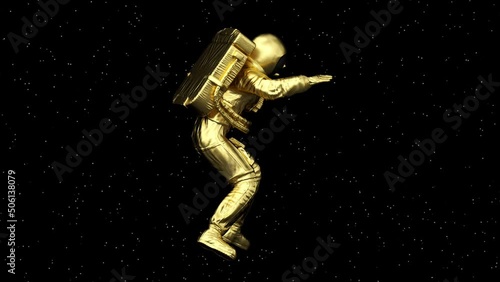 Surreal gold flying floating levitating astronaut or cosmonaut or spaceman in space suit, futuristic sci-fi cosmic galactic background, 3d render modern trendy animation, seamless loop illustration