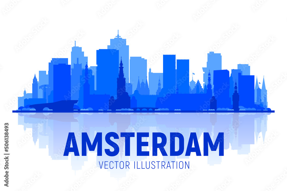 Amsterdam skyline silhouette with panorama in white background. Vector Illustration. Business travel and tourism concept with modern buildings. Image for presentation, banner, web site.