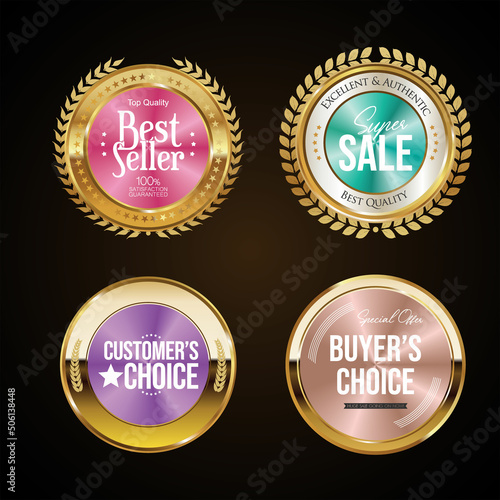Collection of golden badges and labels with conical gradient retro style 