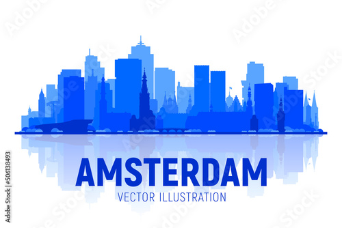 Amsterdam skyline silhouette with panorama in white background. Vector Illustration. Business travel and tourism concept with modern buildings. Image for presentation, banner, web site.