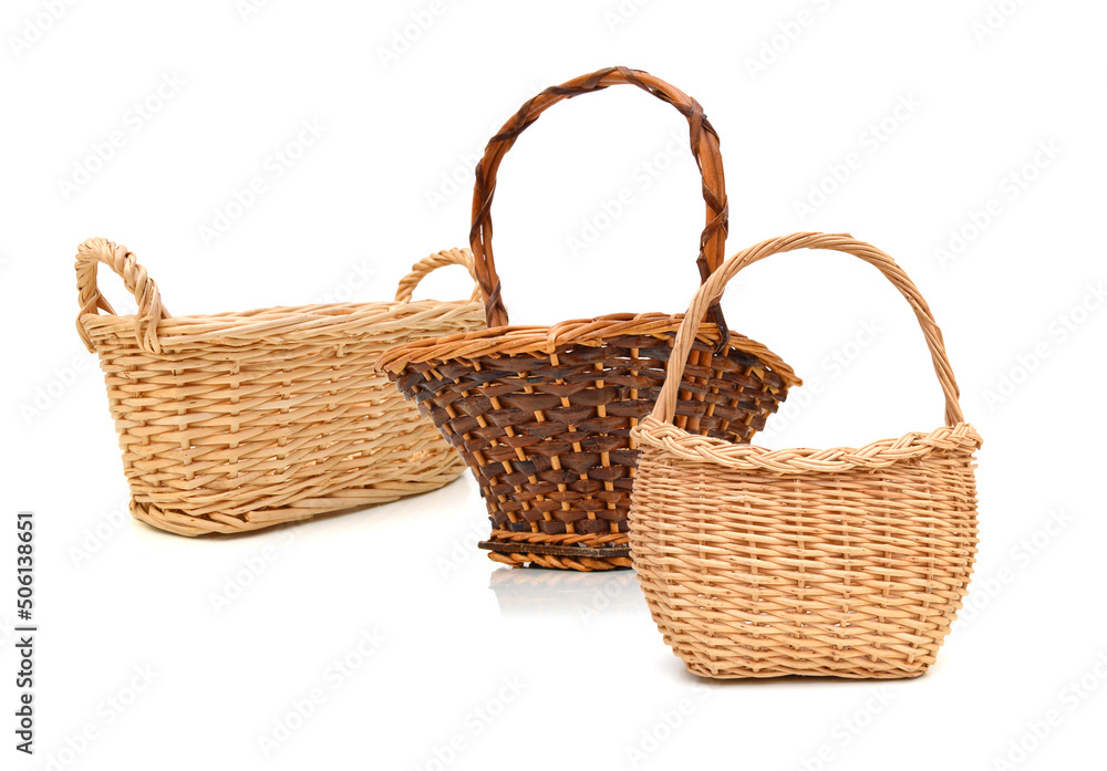 Empty wooden fruit or bread baskets on white background 