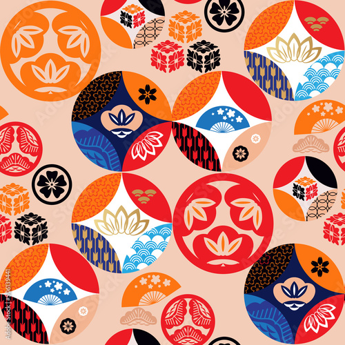 Beautiful japanese seamless pattern with clouds, waves plum, fan, sakura flower Vector template kimono asian texture. For printing on packaging, textiles, paper,fabric, manufacturing, wallpaper