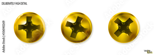 Set gold metal screws, heads, golden bolts. Vector