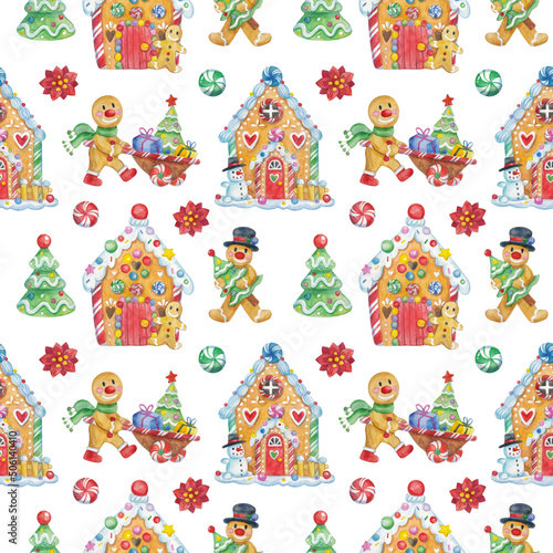 Watercolor Christmas pattern with  gingerbread houses and Christmas elements