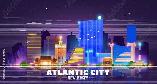 Atlantic City (New Jersey) skyline at night background. Flat vector illustration. Business travel and tourism concept with modern buildings. Image for banner or web site.
