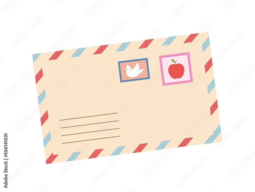 Obraz premium Envelope with mail concept. Craft envelope with letter or postcard from vacation, postage stamps and recipient address. Postal service. Cartoon flat vector illustration isolated on white background