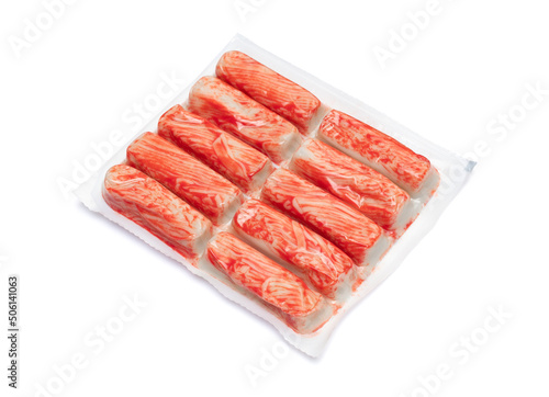 Crab sticks in plastic packaging isolated on white background