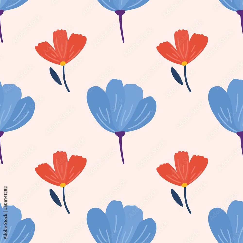 Poppy Flowers and leaf seamless pattern. Scandinavian style background. Vector illustration for fabric design, gift paper, baby clothes, textiles, cards