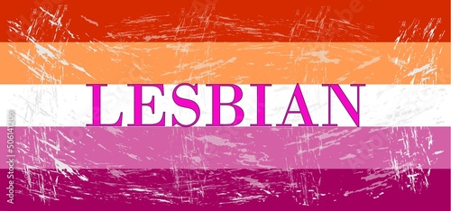 Blurred five-stripe lesbian flag with pink "Lesbian" text in the middle.