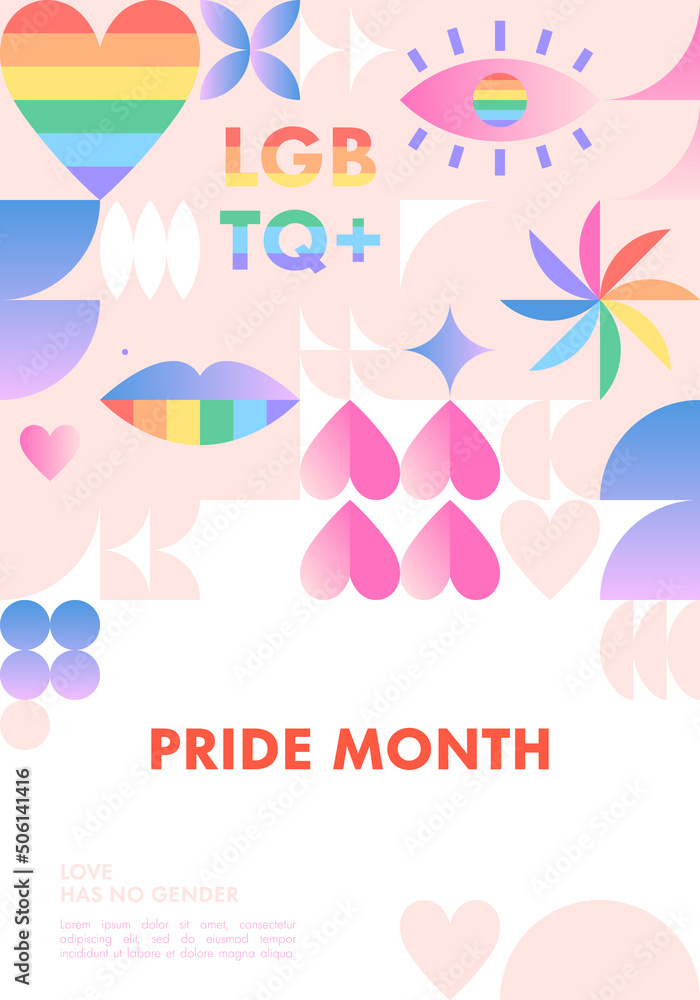 Pride month poster template.LGBTQ+ community vector layout in bauhaus style with geometric elements and rainbow lgbt symbols.Human rights movement concept.Gay parade.Colorful cover design.