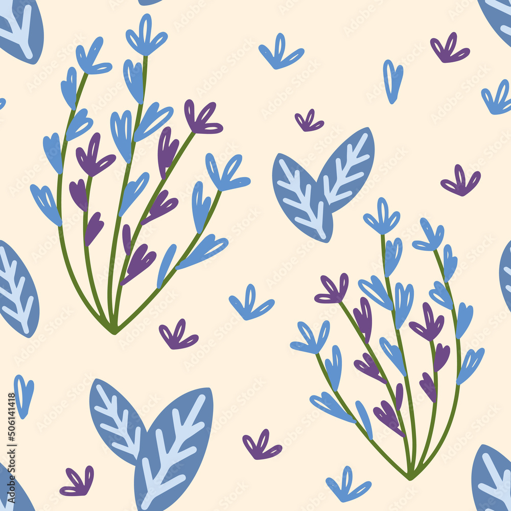 Flowers and leaf seamless pattern. Scandinavian style background. Vector illustration for fabric design, gift paper, baby clothes, textiles, cards