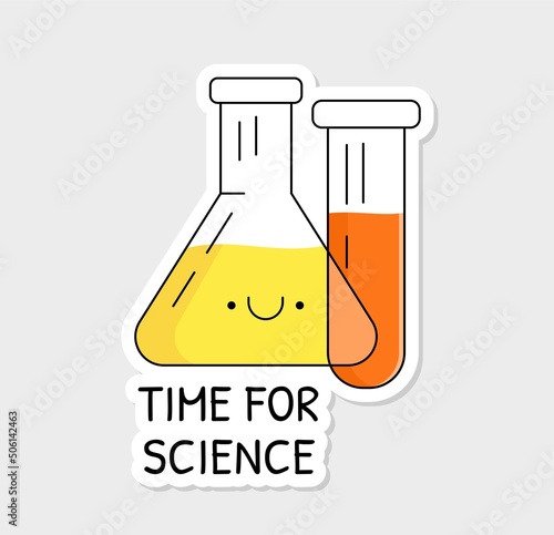 Back to school sticker. Badge with kawaii flasks and inscription time for science. Supplies for chemistry lesson. Gaining knowledge. Cartoon flat vector illustration isolated on beige background