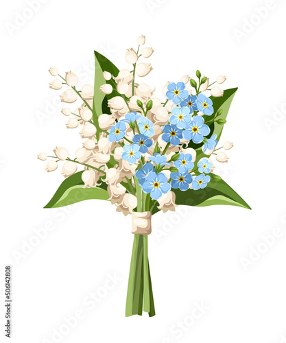 Spring bouquet of blue and white forget-me-not and lily of the valley flowers isolated on a white background. Vector illustration