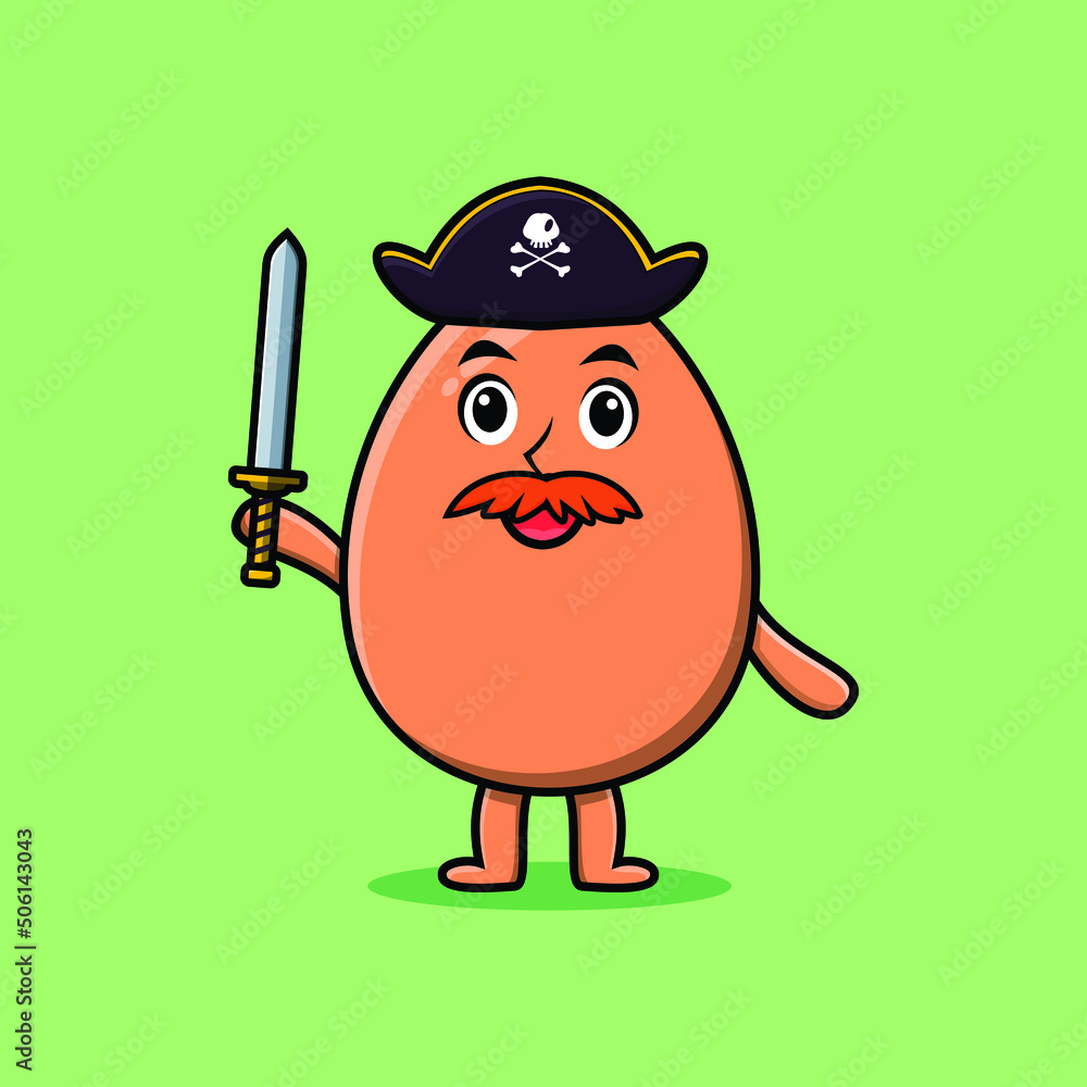 Cute cartoon mascot character brown cute egg pirate with hat and holding sword in modern design