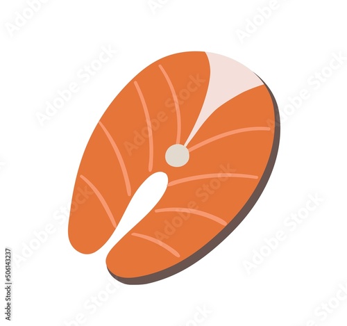 Colorful food sticker. Icon with fresh salmon steak. Delicious fish ingredient for cooking lunches and dinners. Healthy lifestyle or diet. Cartoon flat vector illustration isolated on white background