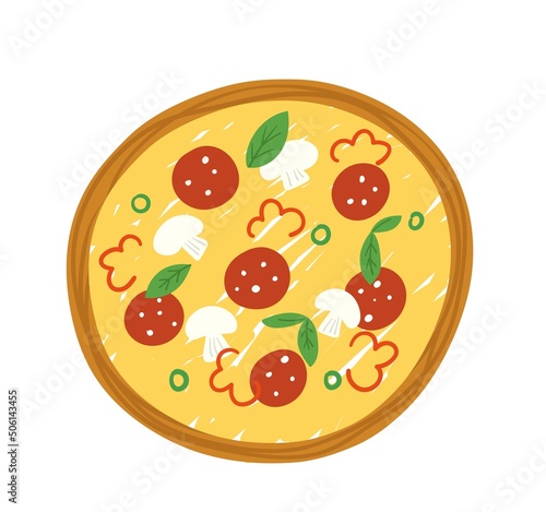 Colorful food sticker. Hand drawn bright icon with delicious vegetable pizza with pepperoni. Italian cuisine. Fast food, snack or lunch. Cartoon flat vector illustration isolated on white background