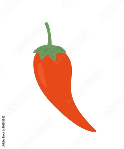 Colorful food sticker. Bright icon with red hot chili pepper or cayenne pepper. Fresh ripe vegetable for cooking. Mexican cuisine. Cartoon flat vector illustration isolated on white background