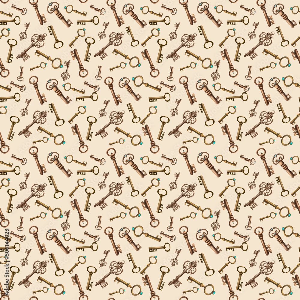 Seamless pattern. set of hand drawn vintage keys. Sketch style illustration isolated on beige background. Old design.