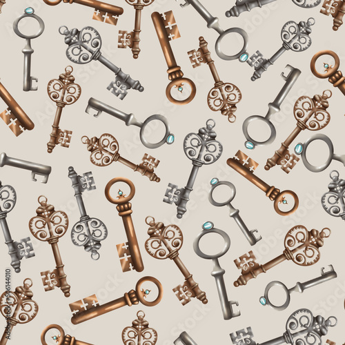 Seamless pattern. set of hand drawn vintage keys. Sketch style illustration isolated on beige background. Old design.