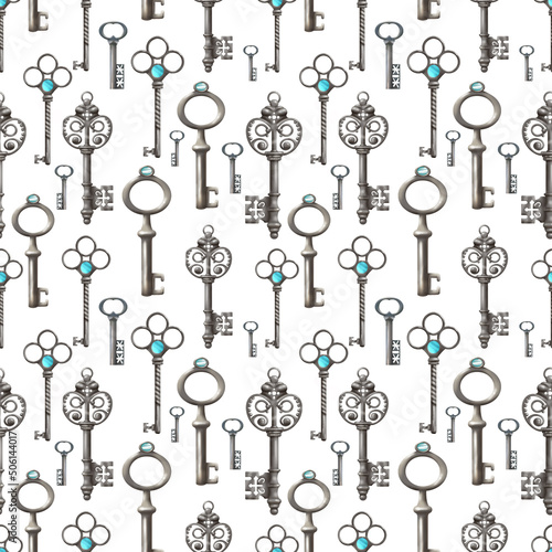 Seamless pattern. set of hand drawn vintage keys. Sketch style illustration isolated on white background. Old design.