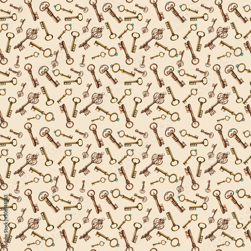 Seamless pattern. set of hand drawn vintage keys. Sketch style illustration isolated on beige background. Old design.