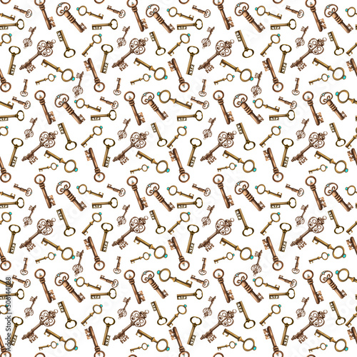 Seamless pattern. set of hand drawn vintage keys. Sketch style illustration isolated on white background. Old design.
