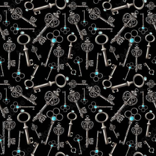 SeamleSeamless pattern. set of hand drawn vintage keys. Sketch style illustration isolated on black background. Old design.ss pattern. set of hand drawn vintage keys.
