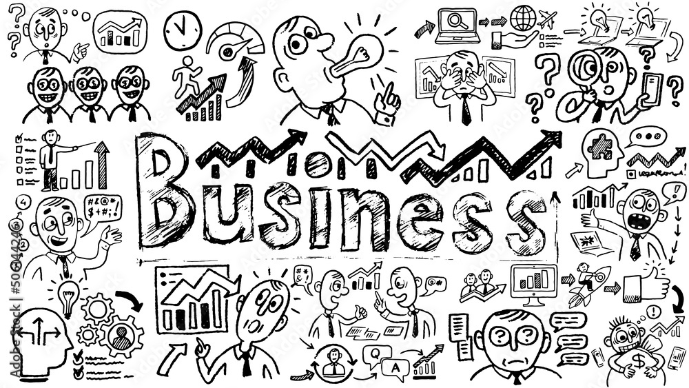 Business words and phrases typography doodle graphic with concept icons and symbols