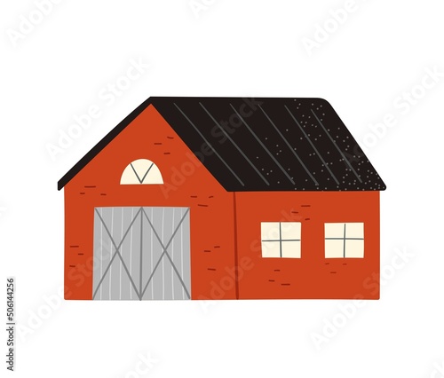 Farming and agriculture concept. Sticker with barn for farm animals or village house. Beautiful garden shed or home. Design for posters. Cartoon flat vector illustration isolated on white background