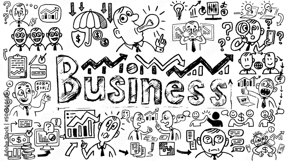 Business words and phrases typography doodle graphic with concept icons and symbols