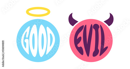 Vector set emoji of angel and devil inflat style. Vector icons of positive and negative faces.