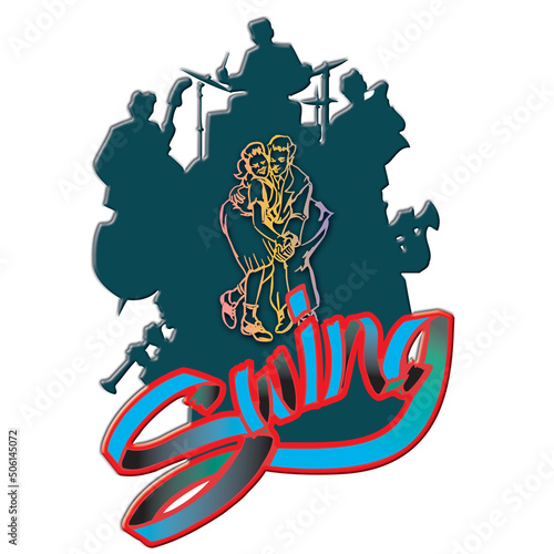swing dancers, jive dancing together with band silhouette