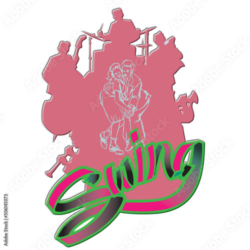 swing dancers, jive dancing together with band silhouette