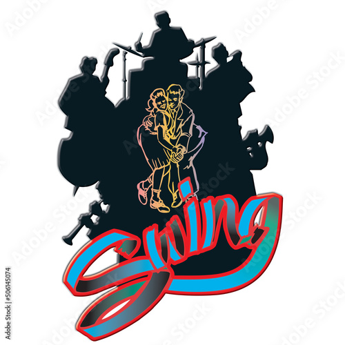 swing dancers, jive dancing together with band silhouette