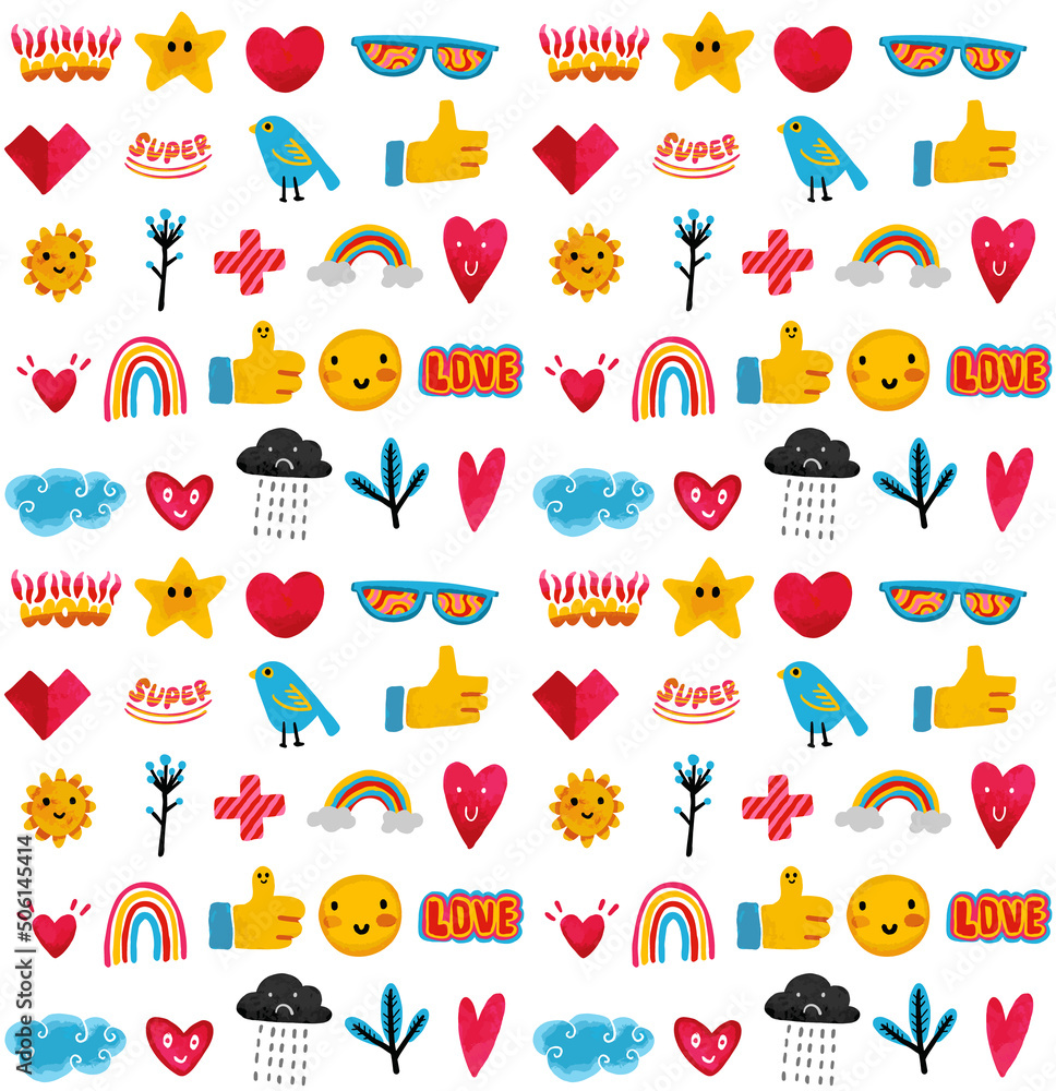 Cute and fun emoji icons pattern. Hand-drawn comics style, vector file.